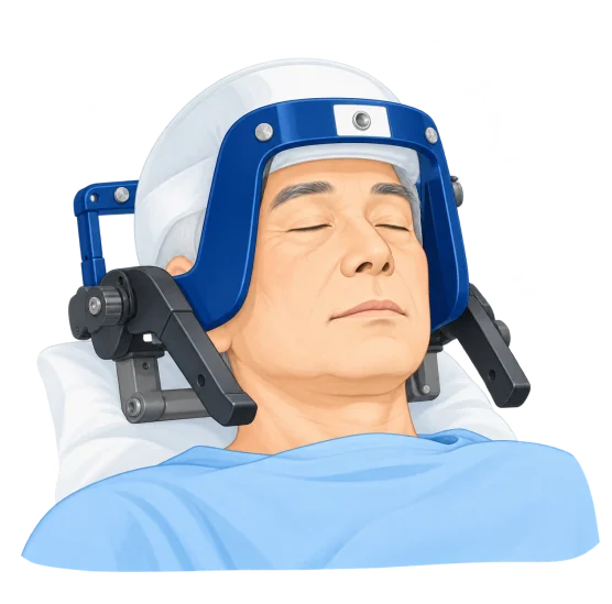頭部に定位脳手術装置を装着した患者さんのイラスト