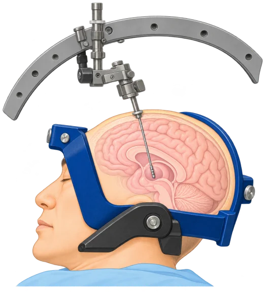 定位脳手術装置を用いて電極を進める様子のイラスト