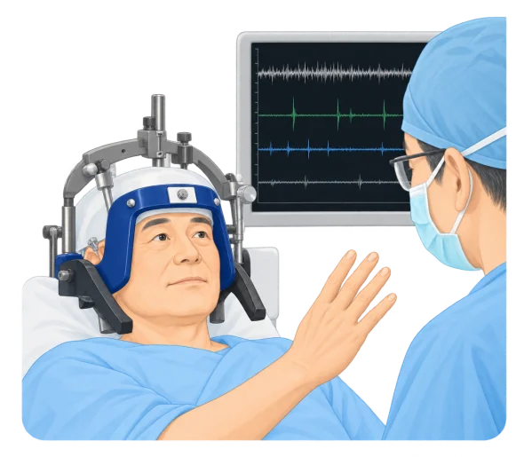 手術中に医師が試験刺激の効果を確認する様子のイラスト